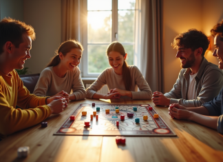 Les 10 meilleurs jeux de société avec plateau de jeu de dés à découvrir en famille Famille joyeuse jouant à un jeu de société en famille
