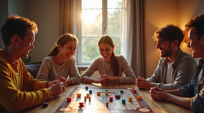 Famille joyeuse jouant à un jeu de société en famille