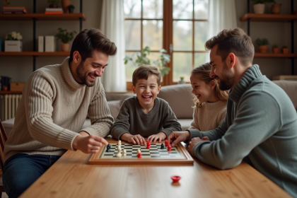 Famille jouant à un jeu de société dans un salon chaleureux