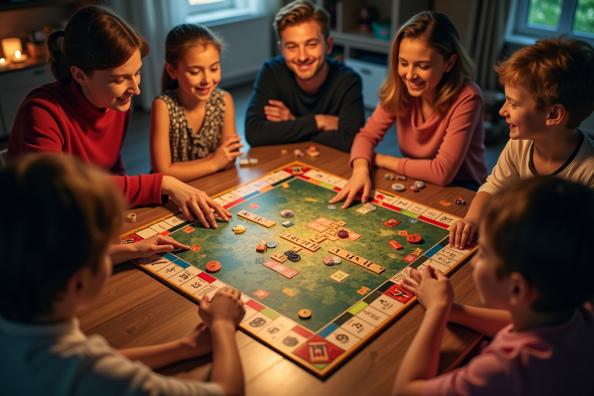 Famille jouant à des jeux de société comme Monopoly et Scrabble