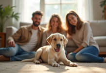 Famille heureuse accueillant un chiot labrador dans le salon