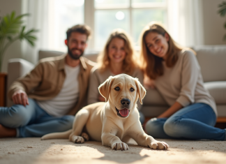 Famille heureuse accueillant un chiot labrador dans le salon
