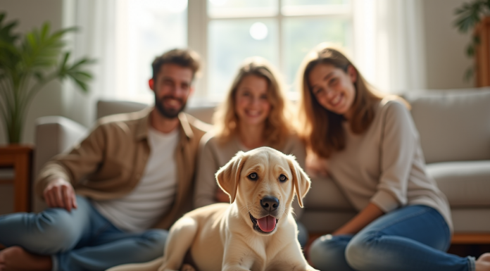 Famille heureuse accueillant un chiot labrador dans le salon