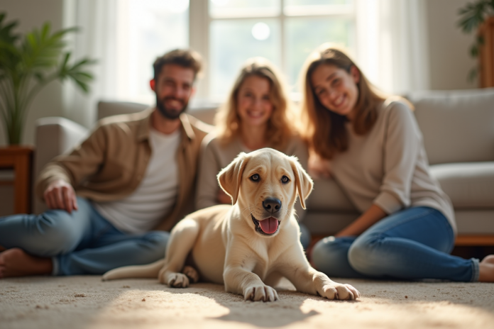 famille-labrador-bienvenue Famille heureuse accueillant un chiot labrador dans le salon