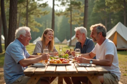 Famille multigénérationnelle détendue autour d'un repas en plein air dans un camping naturiste, illustrant la sérénité et l'acceptation familiale