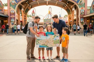 Famille avec enfants consultant un plan de parc d'attraction à l'entrée du parc pendant un week-end