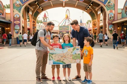 Famille avec enfants consultant un plan de parc d'attraction à l'entrée du parc pendant un week-end