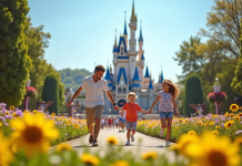 Famille heureuse dans un parc d'attractions français avec château