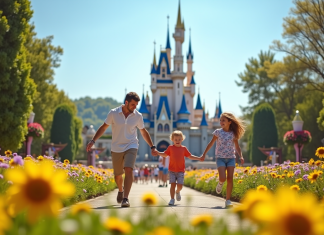 Parc le plus visité en France : Découvrez le 2e incontournable ! Famille heureuse dans un parc d'attractions français avec château