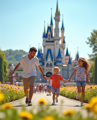 Famille heureuse dans un parc d'attractions français avec château