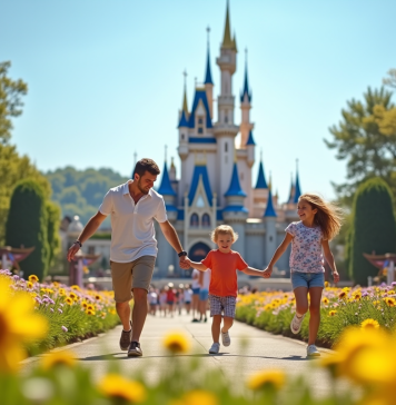 Parc le plus visité en France : Découvrez le 2e incontournable ! Famille heureuse dans un parc d'attractions français avec château