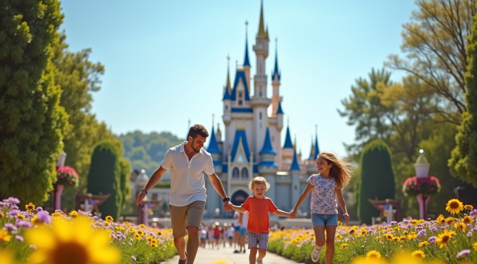 Famille heureuse dans un parc d'attractions français avec château