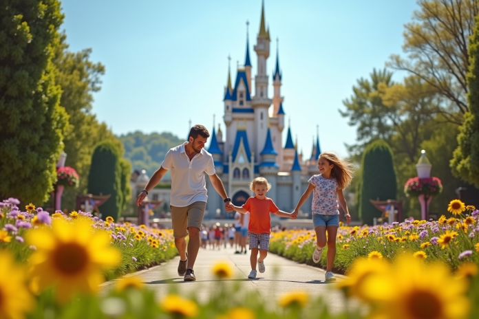 famille-parc-astrix Famille heureuse dans un parc d'attractions français avec château