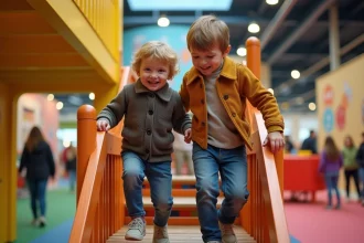 Famille souriante dans parc intérieur de Lille
