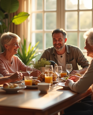 Famille multigenerationale autour d'un repas convivial