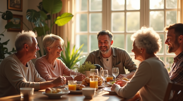 Famille multigenerationale autour d'un repas convivial