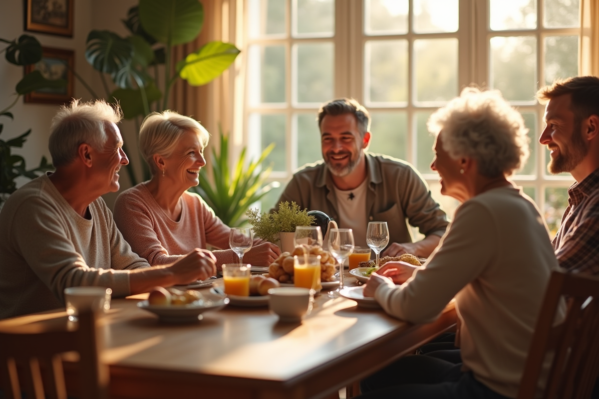 Famille multigenerationale autour d'un repas convivial