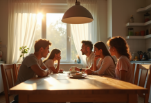 Famille dans une cuisine lumineuse et tendue