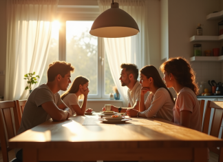 Famille dans une cuisine lumineuse et tendue
