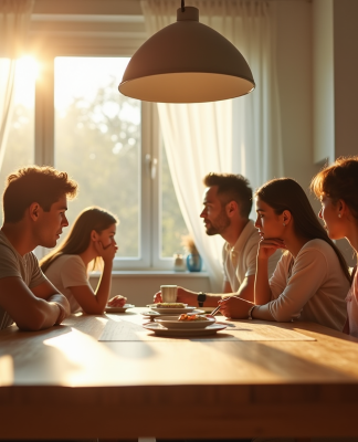 Famille dans une cuisine lumineuse et tendue