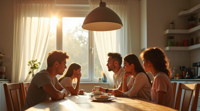 Famille dans une cuisine lumineuse et tendue