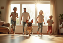 Famille heureuse jouant dans un salon lumineux avec un bouledogue français