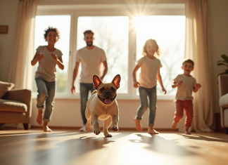 Famille heureuse jouant dans un salon lumineux avec un bouledogue français