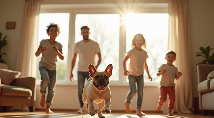 Famille heureuse jouant dans un salon lumineux avec un bouledogue français