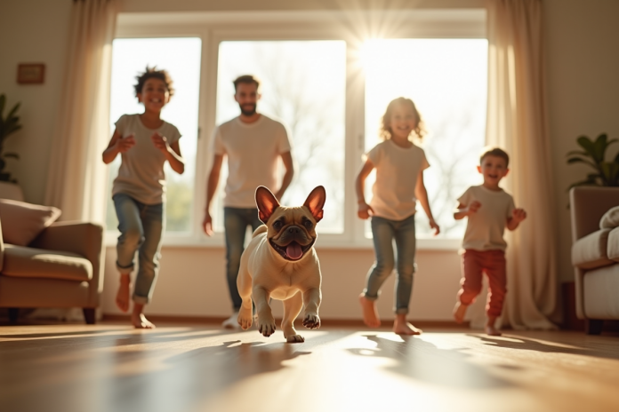 famille-salon-lumiere-naturelle Famille heureuse jouant dans un salon lumineux avec un bouledogue français