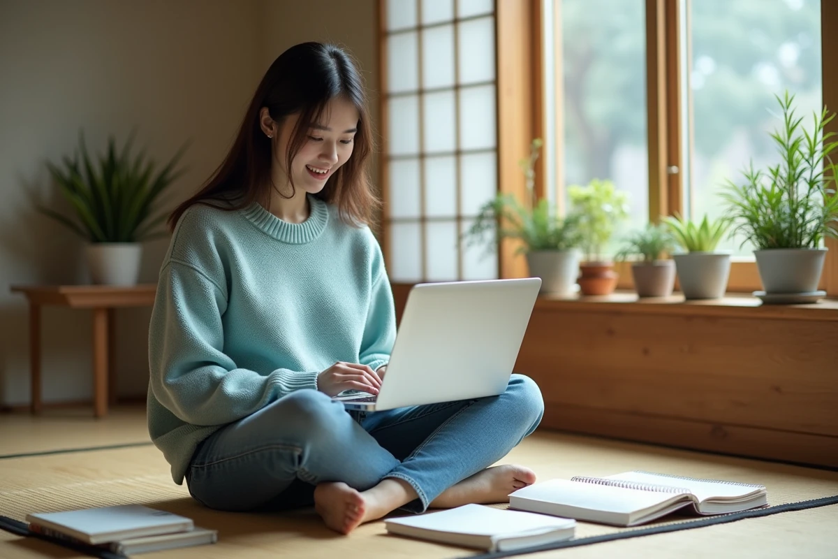 Femme lisant et écrivant dans un salon japonais moderne