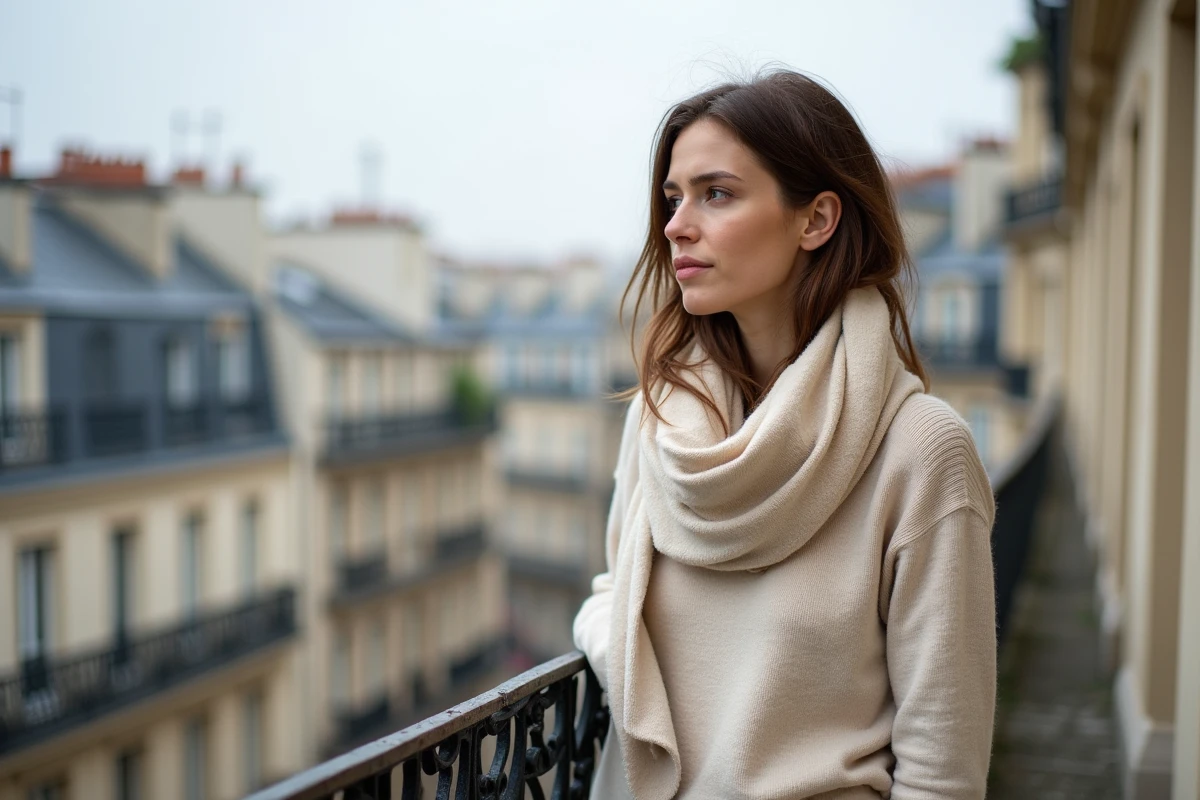 Femme sur un balcon parisien regardant au loin
