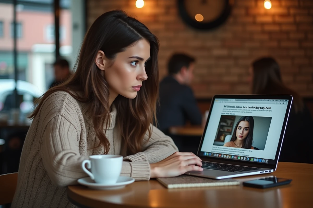 Femme dans un café lisant un article de presse sur un mythe viral concernant une célébrité