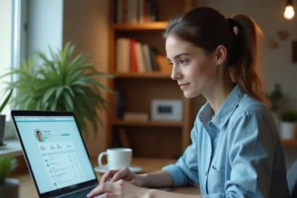 Femme utilisant une plateforme en ligne sur son ordinateur portable depuis son bureau à domicile