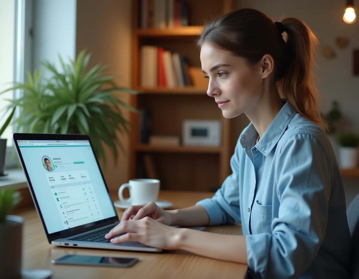 Femme utilisant une plateforme en ligne sur son ordinateur portable depuis son bureau à domicile