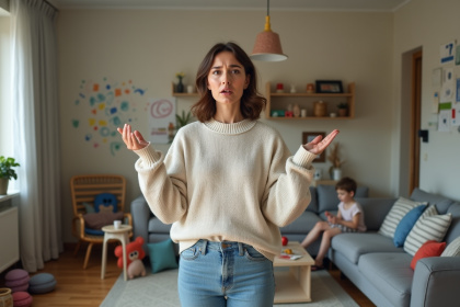 Femme d'environ 40 ans en conversation animée dans un salon familial