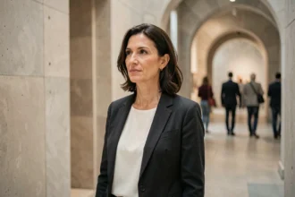 Portrait d'une femme élégante et discrète dans un lieu culturel, illustrant la vie privée et la protection de la famille