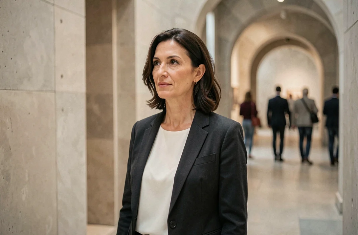 Portrait d'une femme élégante et discrète dans un lieu culturel, illustrant la vie privée et la protection de la famille