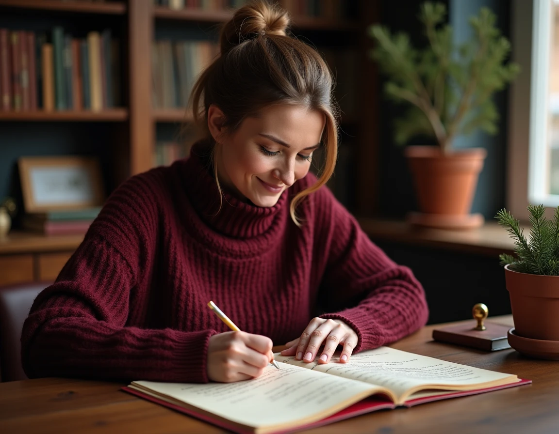 Femme en pull bordeaux écrivant un message dans une carte de Noël vintage imprimée à son bureau en bois avec une atmosphère chaleureuse et rétro