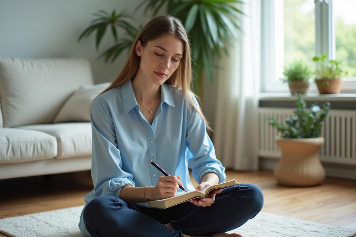 Femme écrivant dans un salon scandinave moderne et lumineux