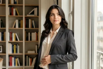 Femme enceinte en veste de tailleur appuyée contre une fenêtre dans un appartement parisien moderne, expression sereine et main posée sur le ventre