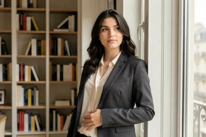 Femme enceinte en veste de tailleur appuyée contre une fenêtre dans un appartement parisien moderne, expression sereine et main posée sur le ventre