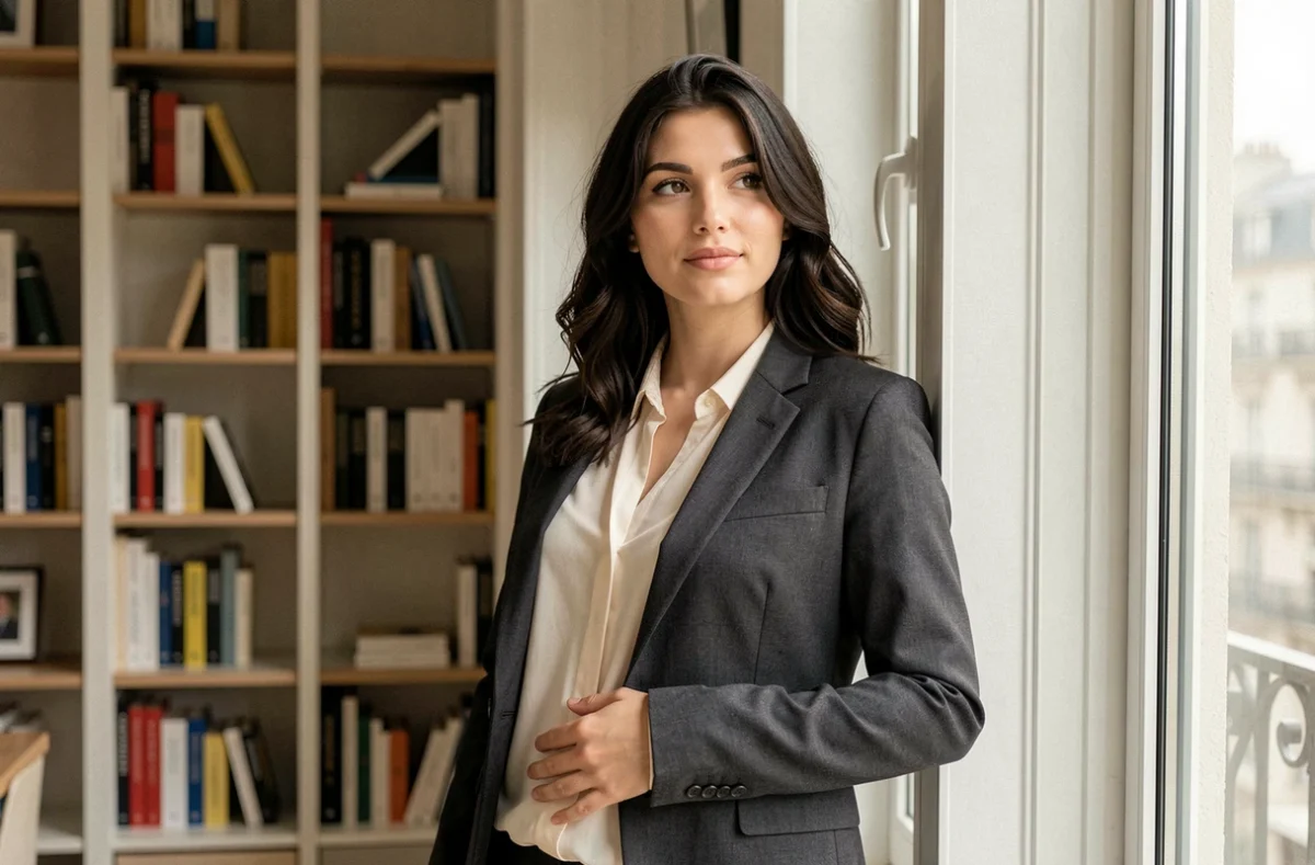 Femme enceinte en veste de tailleur appuyée contre une fenêtre dans un appartement parisien moderne, expression sereine et main posée sur le ventre