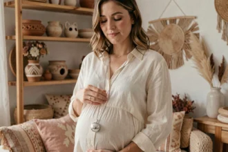 Femme enceinte tenant un bola de grossesse argenté suspendu à une longue chaîne au-dessus de son ventre arrondi, dans un intérieur bohème chaleureux