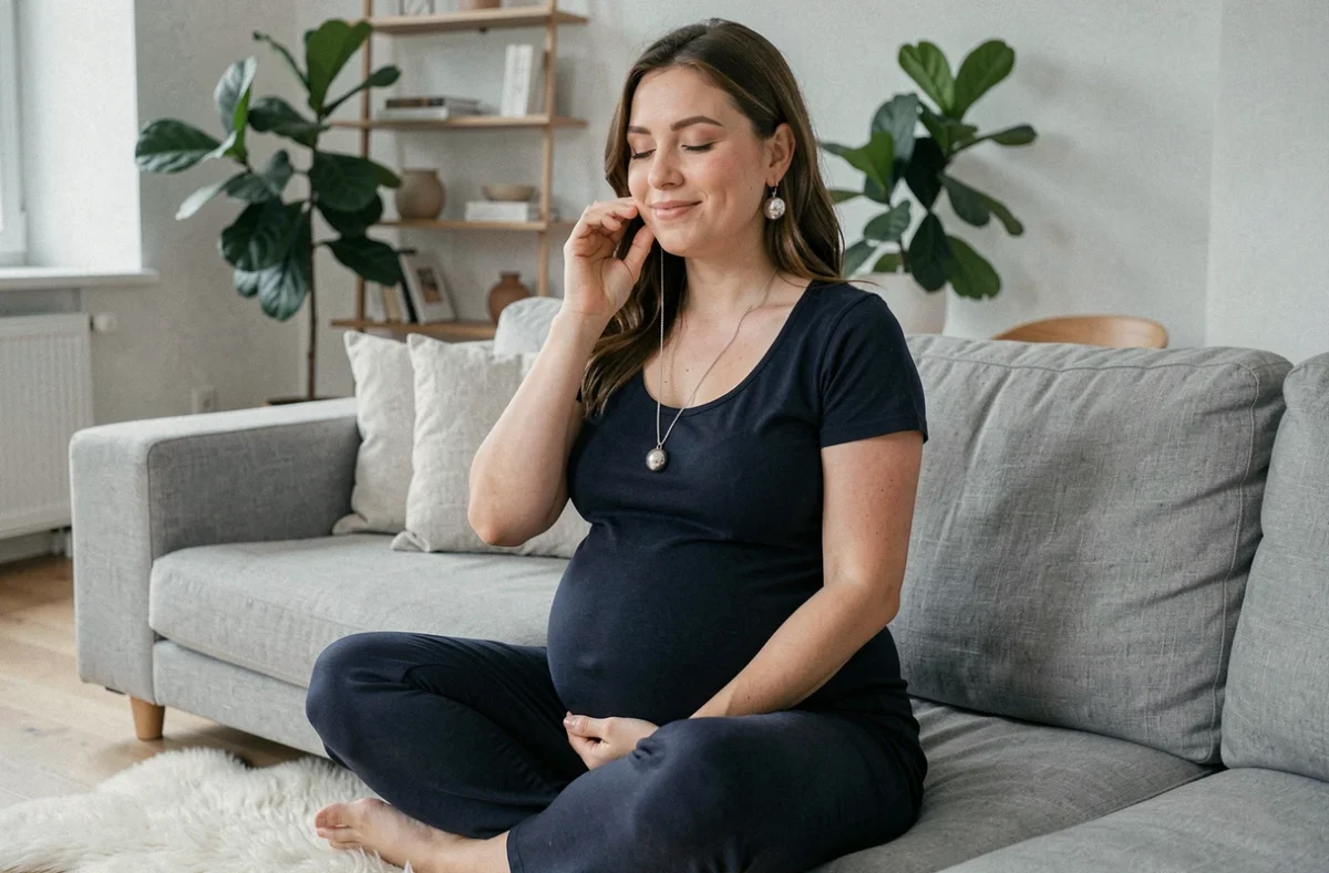 Femme enceinte écoutant le son d'une bola de grossesse en argent, intérieur scandinave lumineux