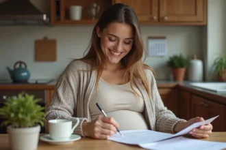 Femme enceinte souriante remplissant des papiers dans la cuisine