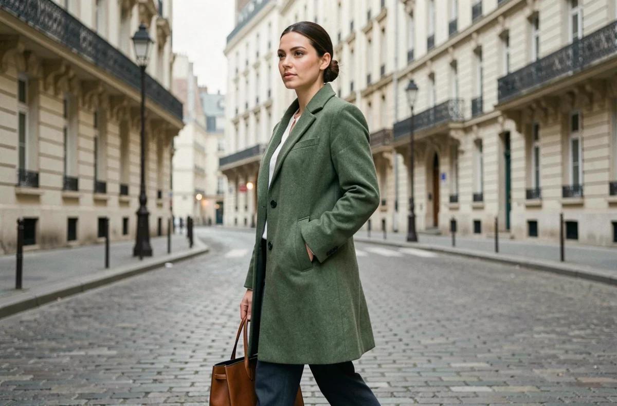 Femme élégante à la silhouette arrondie marchant sur un trottoir parisien en pavés, portant un manteau chic, ambiance documentaire urbaine