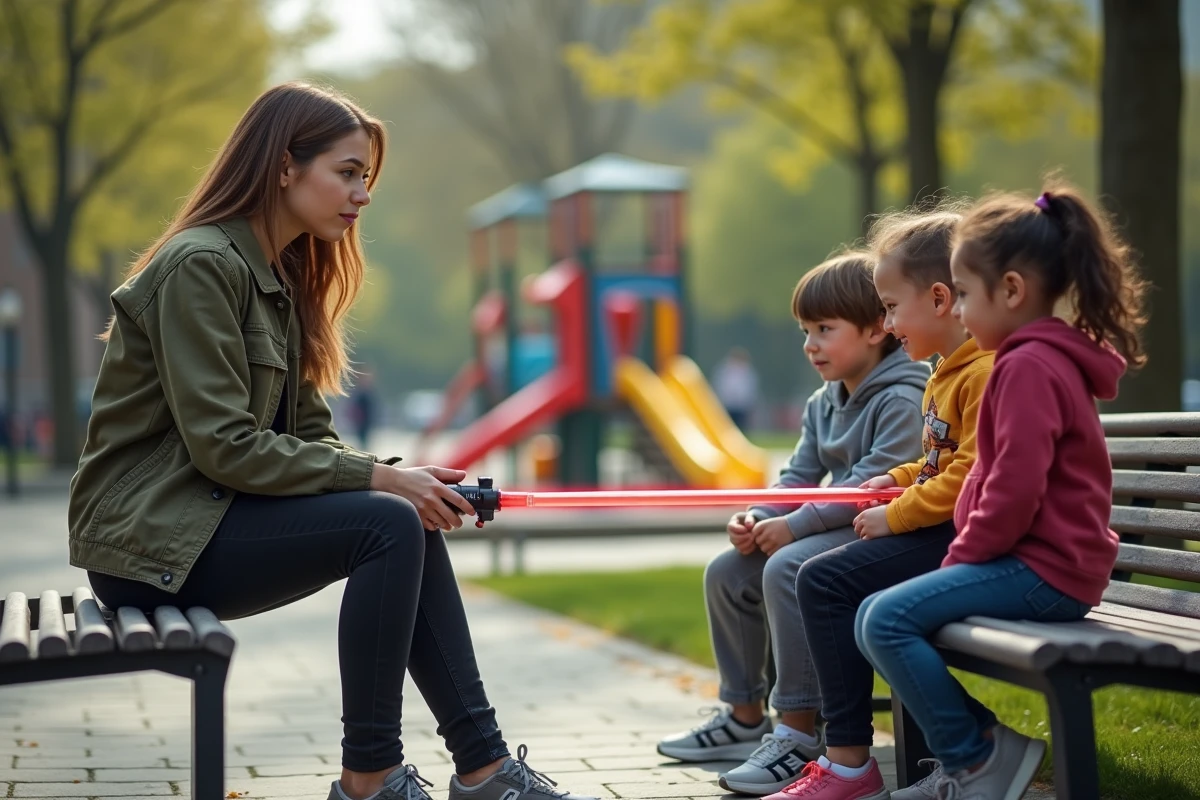 Jeune femme montrant un sabre laser aux enfants dans un parc