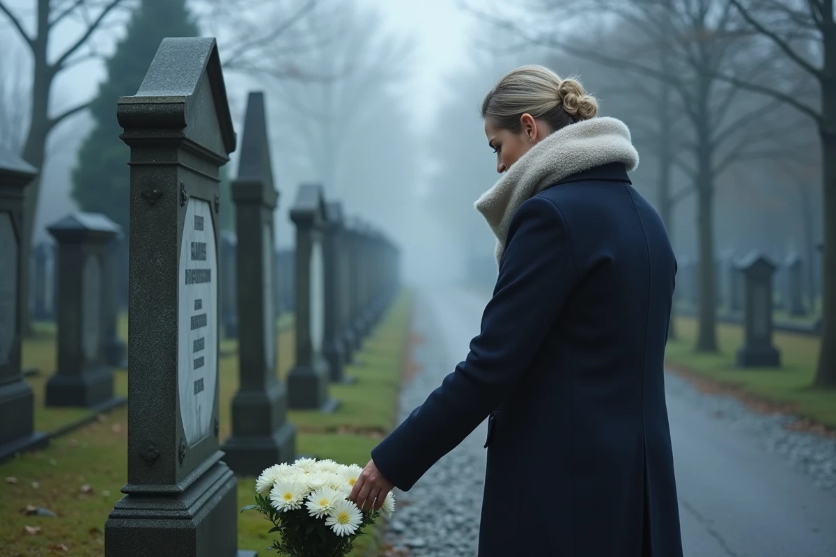 Femme déposant des fleurs sur la tombe de sa mère lors du premier anniversaire de son décès
