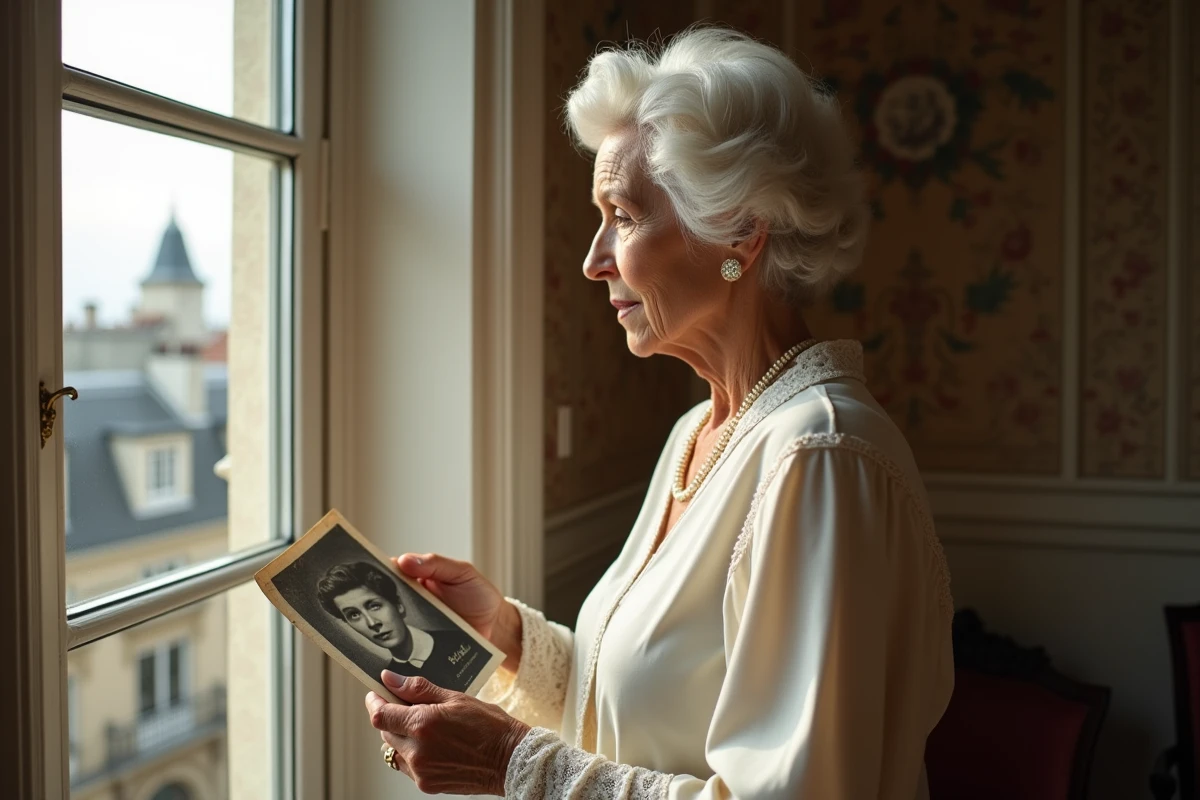 Femme âgée regardant une photo en intérieur lumineux