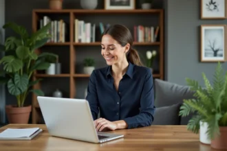 Femme française détendue dans un bureau à domicile